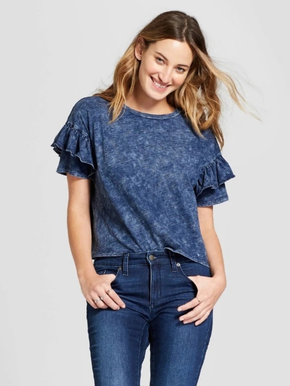 Women's Universal Thread Blue Ruffle Shirt Sleeve Top Size XS - Denim Look
